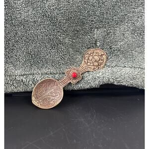 Engraved Brass Tibetan Buddhist Tsog Ritual Medicine Spoon Coral Stone Inlay